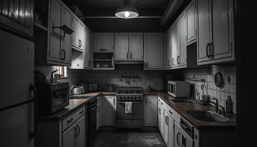 Vintage kitchen with old white cabinets and appliances in atmospheric lighting.