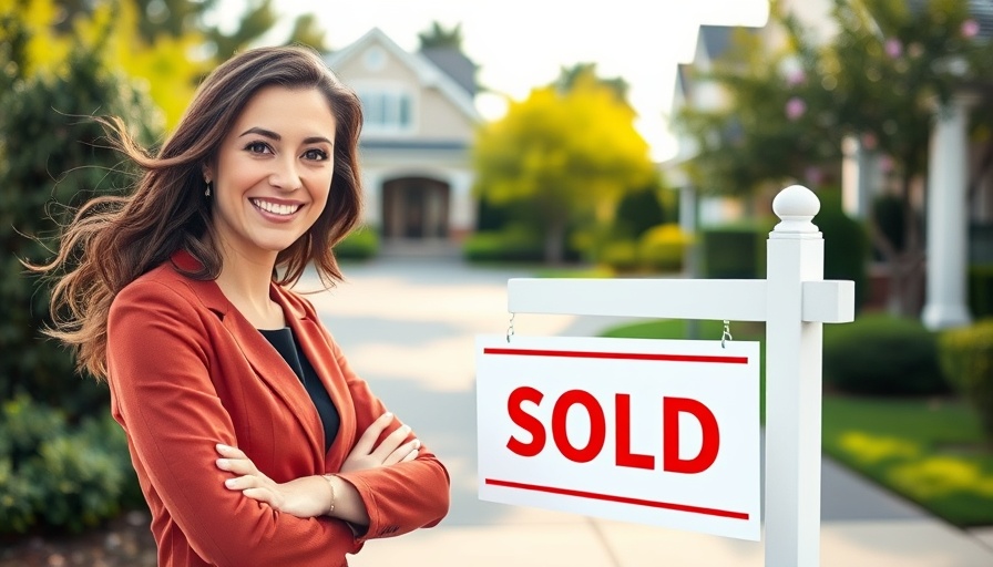 Confident woman placing 'sold' sign on property.