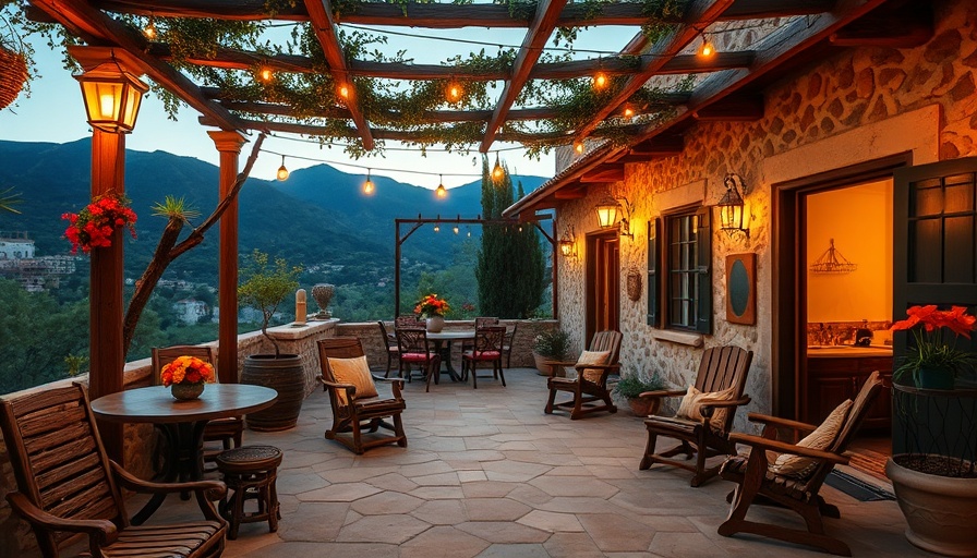 Charming Mediterranean patio at sunset with inviting features.