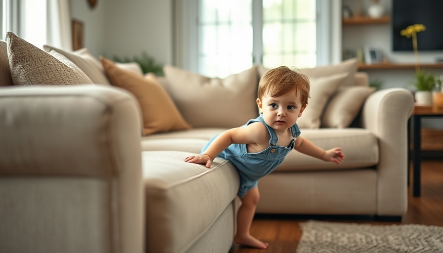 Adventurous toddler climbing onto sofa in baby-proofed apartment.
