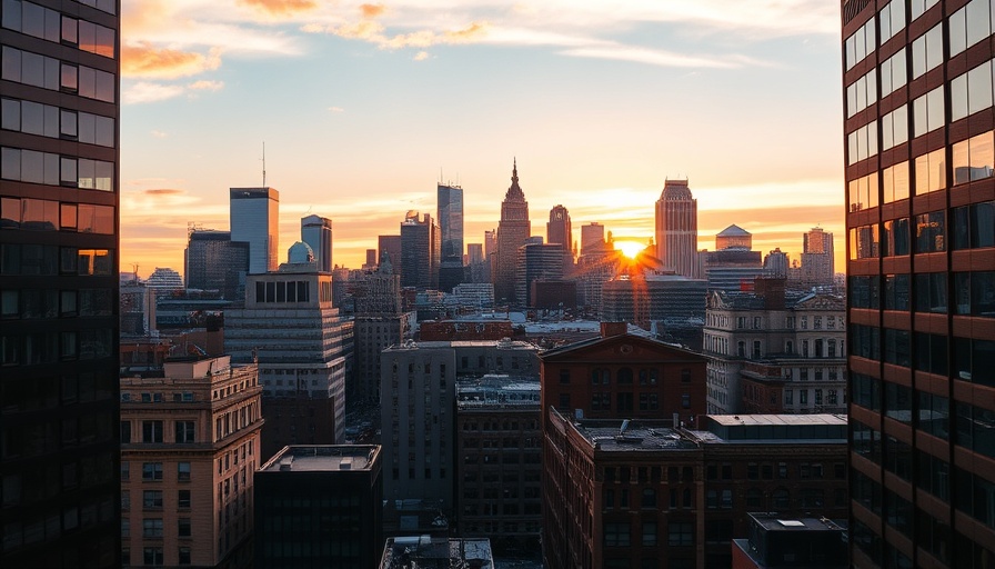 Philadelphia skyline at sunset, showcasing its unique architectural blend.