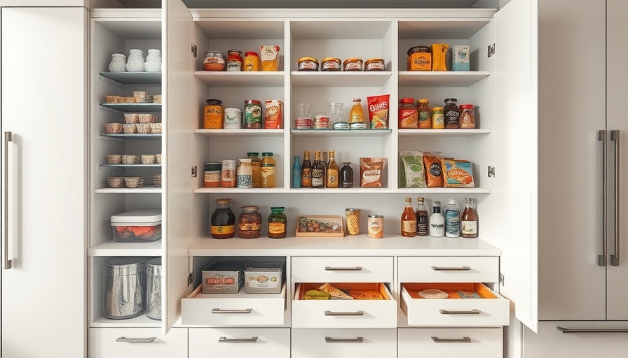 Well-organized kitchen cabinets filled with food items.