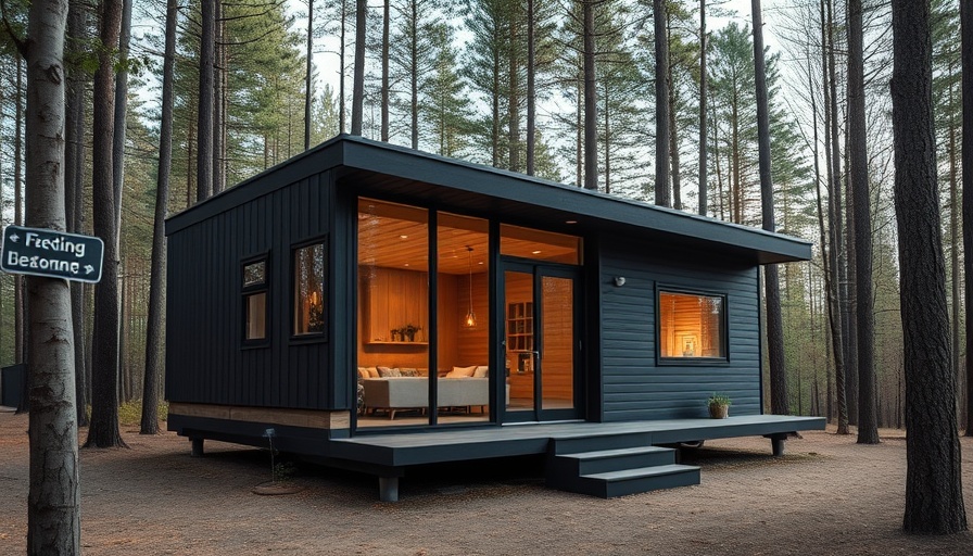 Modern granny pod for senior living solutions in a wooded area.