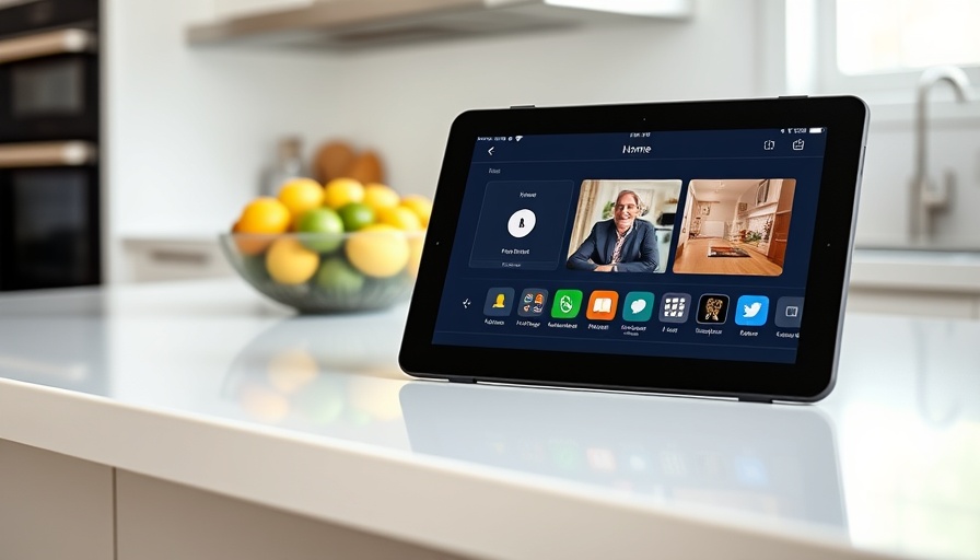 Modern 7-inch smart home hub displaying home interface on kitchen counter.