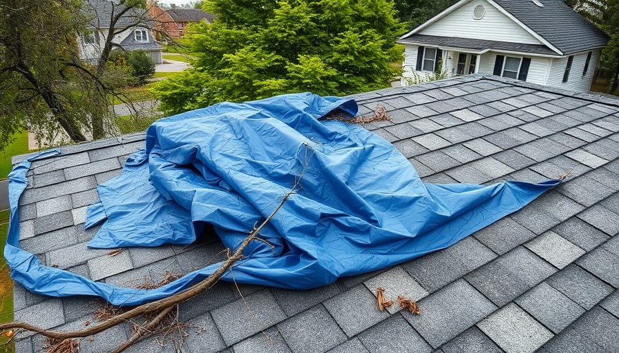 Storm-damaged roof covered with tarp highlighting storm chaser contractor scams.