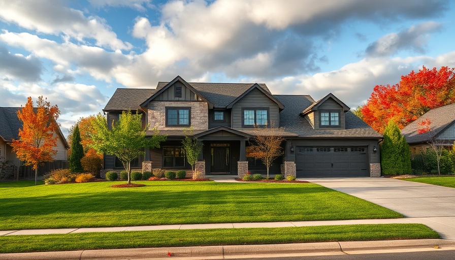 Modern suburban house surrounded by green lawn and trees.