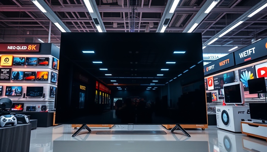 Large Neo QLED 8K TV in electronics store showcasing home tech.