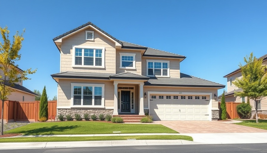 Modern two-story suburban house with garage and green lawn under a clear sky.