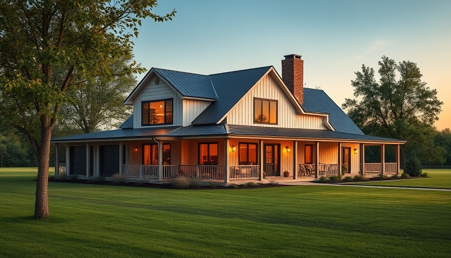 Modern farmhouse at sunset with a large lawn.