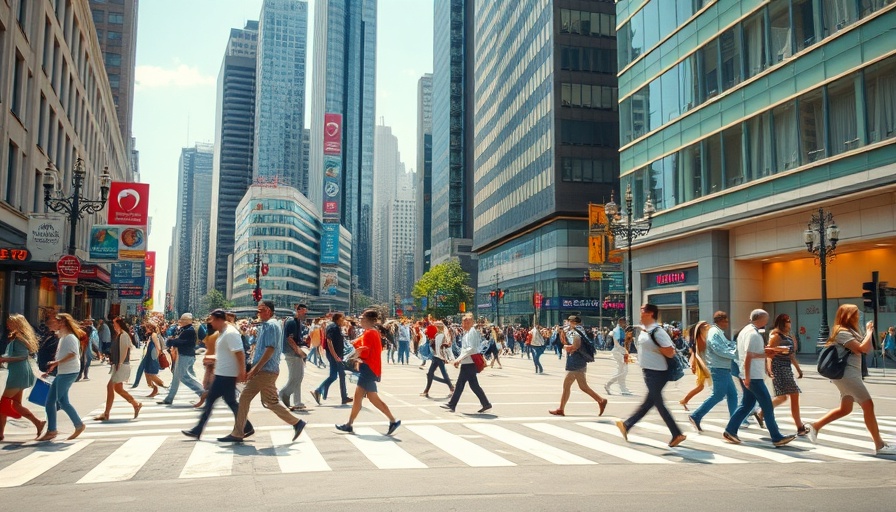 Lively scene of pedestrians crossing in a car-free living city environment.