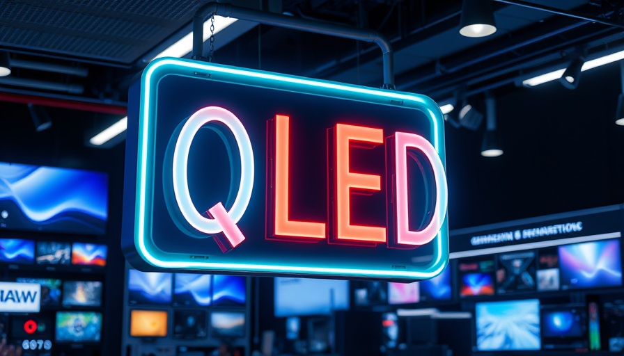 Neon QLED TV sign illuminated in a tech display.