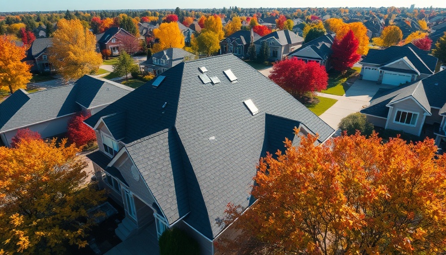 Aerial view of residential roof repair amid autumn foliage.