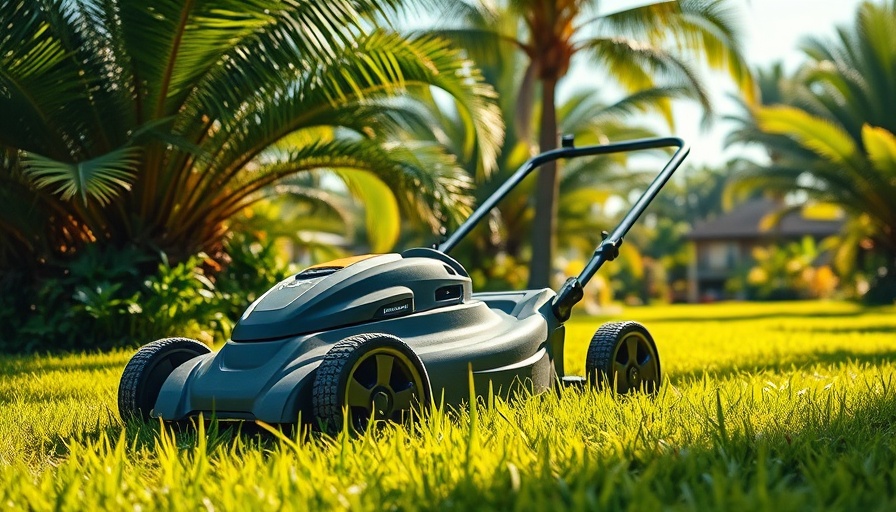 Lawn mower in tropical garden showcasing best lawn packages