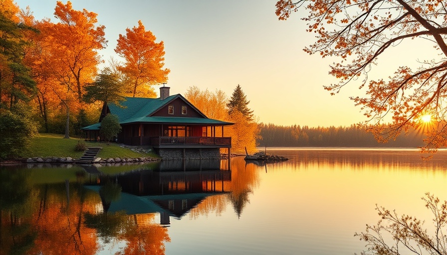 Charming lake house reflecting on calm water during autumn, buying a lake house.