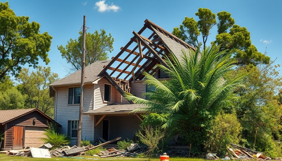 Severe storm damage on house roof in need of repair.