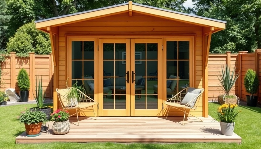 Modern garden shed with patio furniture and lush greenery.