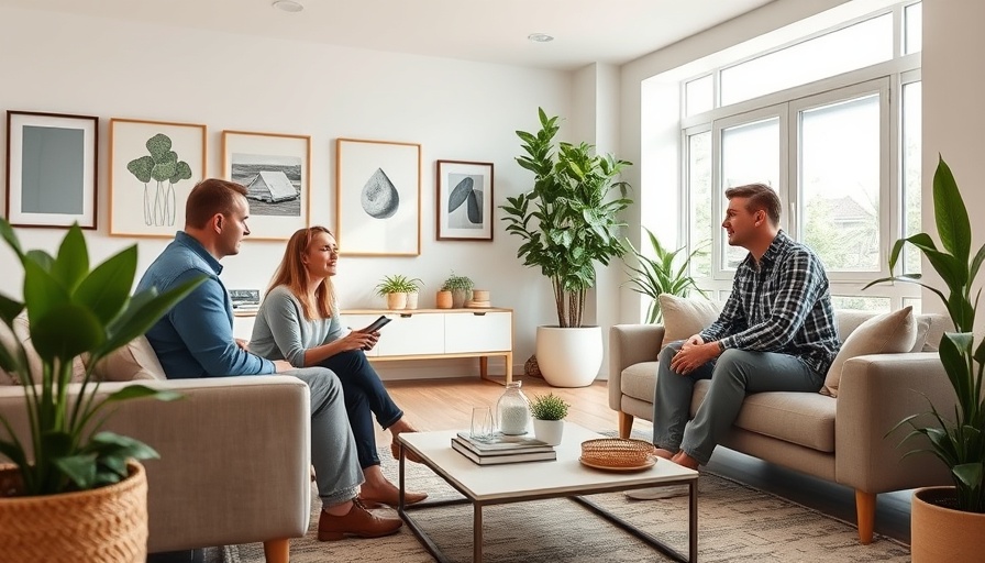 Modern living room discussion on house hunting tips, bright and inviting.