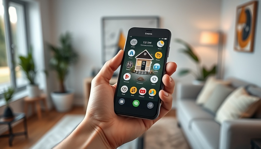 Smartphone displaying smart home app in a modern living room.