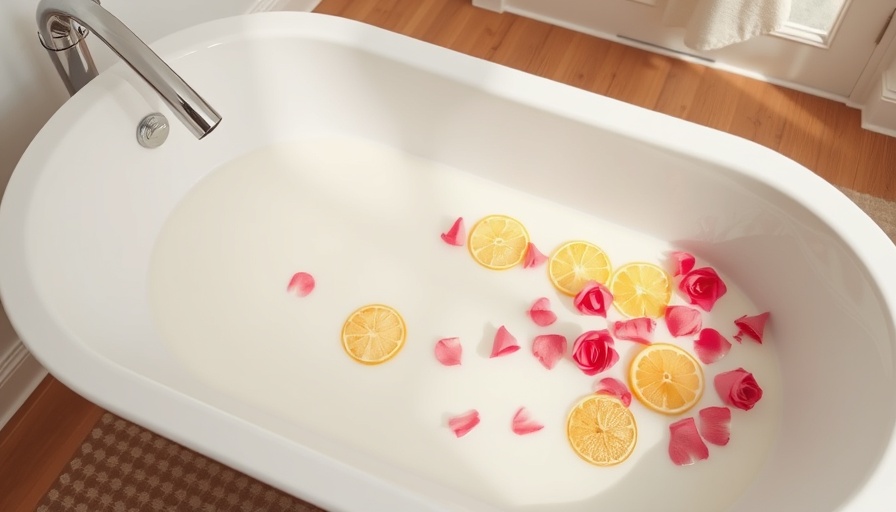 Luxurious milk bath with rose petals and citrus slices.