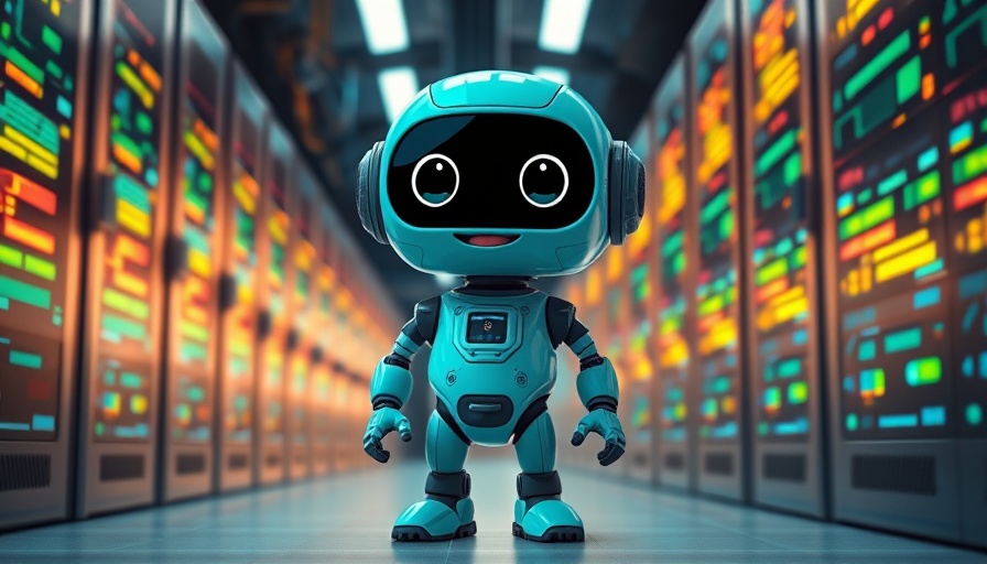 Cute teal robot in a futuristic data center, cartoon style.