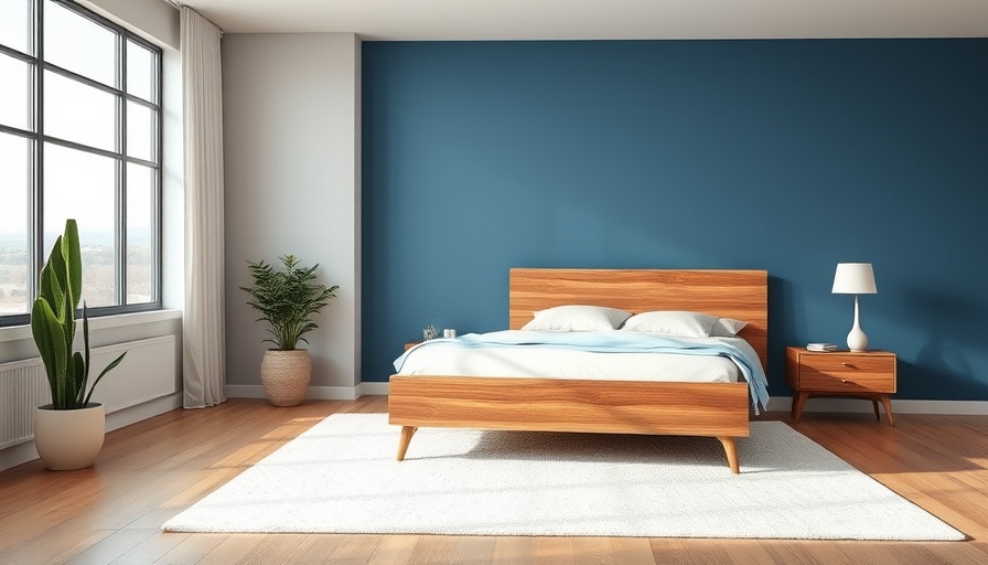 Elegant bedroom with blue wall, wooden bed, and landscape window.