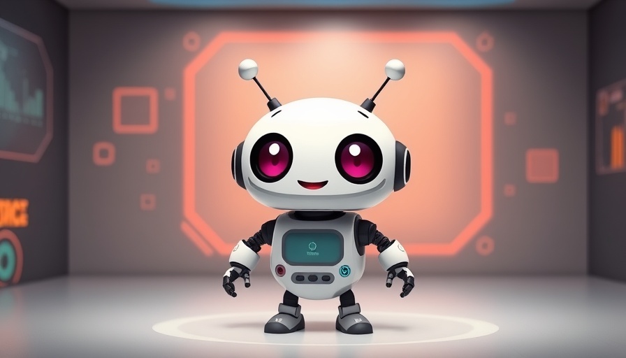 Cute robot cartoon with geometric digital interface.