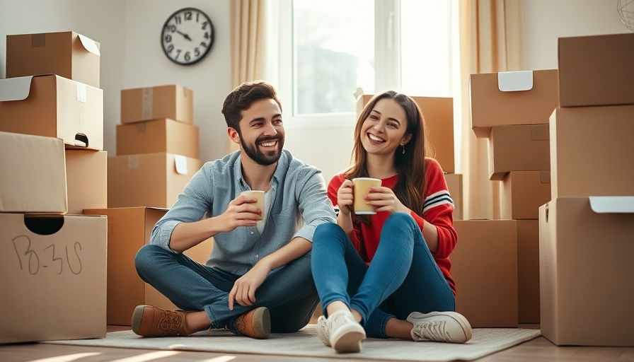 Happy couple sitting among moving boxes, symbolizing 20 percent down payment for a house.