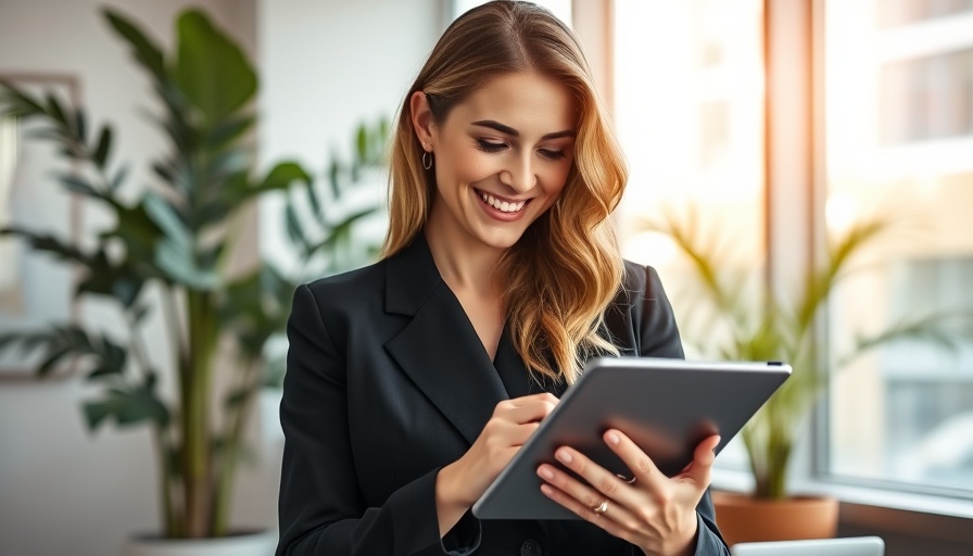 Professional woman engaging with a tablet in modern office.