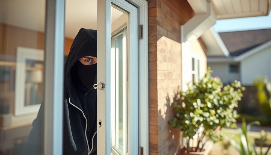 Masked figure committing a burglary seen through window, daylight.