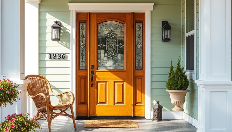 Elegant fiberglass front door with glass panels in cozy porch setting.