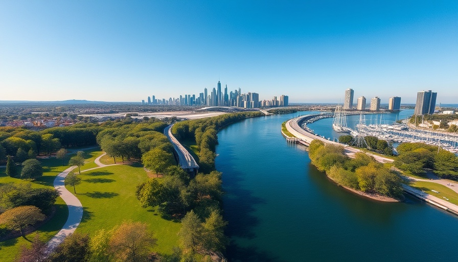 Aerial view of Detroit's riverfront park and skyline.