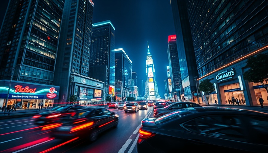 Vivid Providence night scene with tall buildings and light trails.