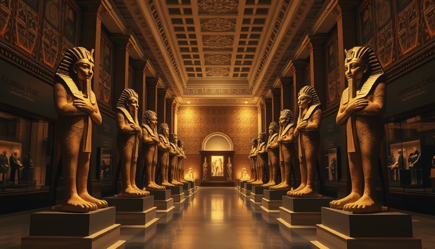 Divine Egypt Exhibition with majestic Egyptian statues in a dimly lit gallery