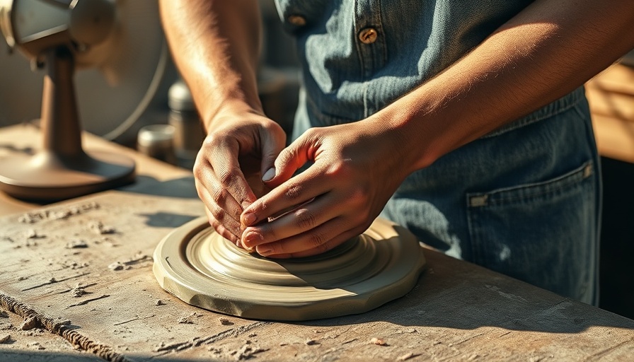 Person sculpting wet clay at Clay as Care exhibition, detail-focused scene.