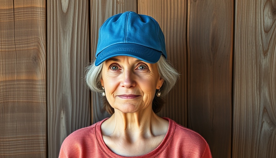 Middle-aged woman in blue cap smiling against wooden background.
