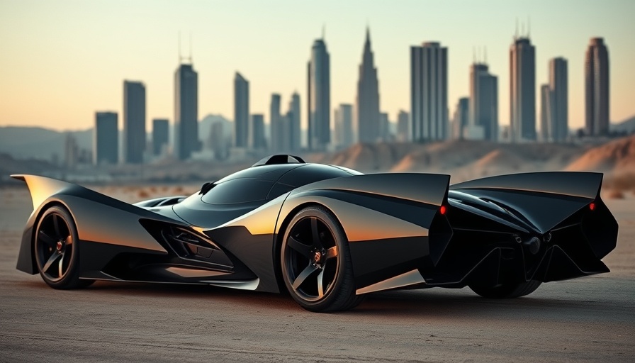 AVG Batmobile Tribute parked with city skyline backdrop.