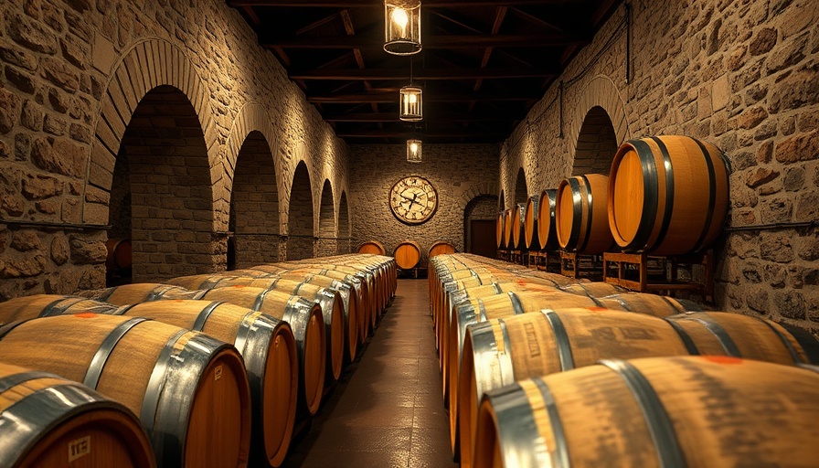 Ceramic barrels in a rustic winery cellar with stone walls.