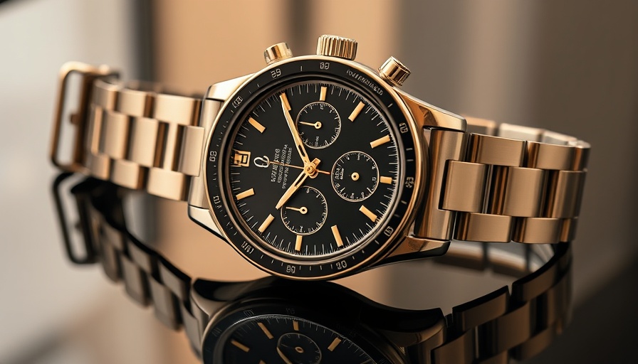 Vintage Omega Speedmaster watch in gold on a black surface.