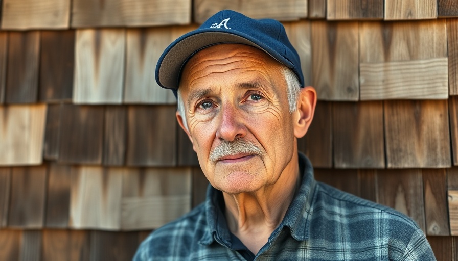 Middle-aged person in blue cap against rustic wooden wall.