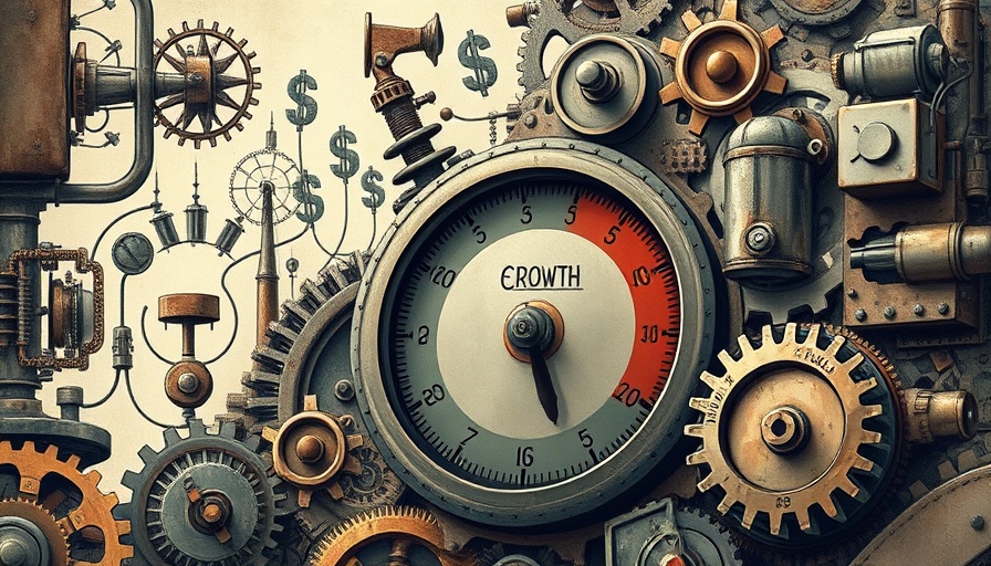 Intricate economic illustration with gears and growth meter.
