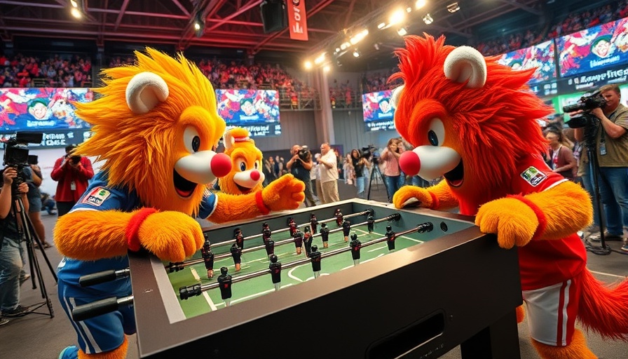 FIFA World Cup volunteer center Philadelphia mascots playing foosball.