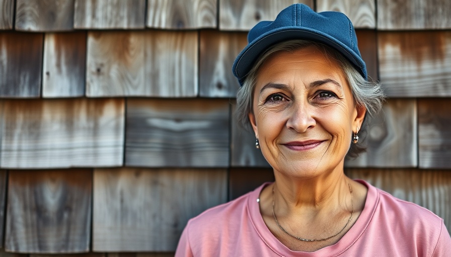 Middle-aged woman in cap and pink shirt against wooden backdrop.