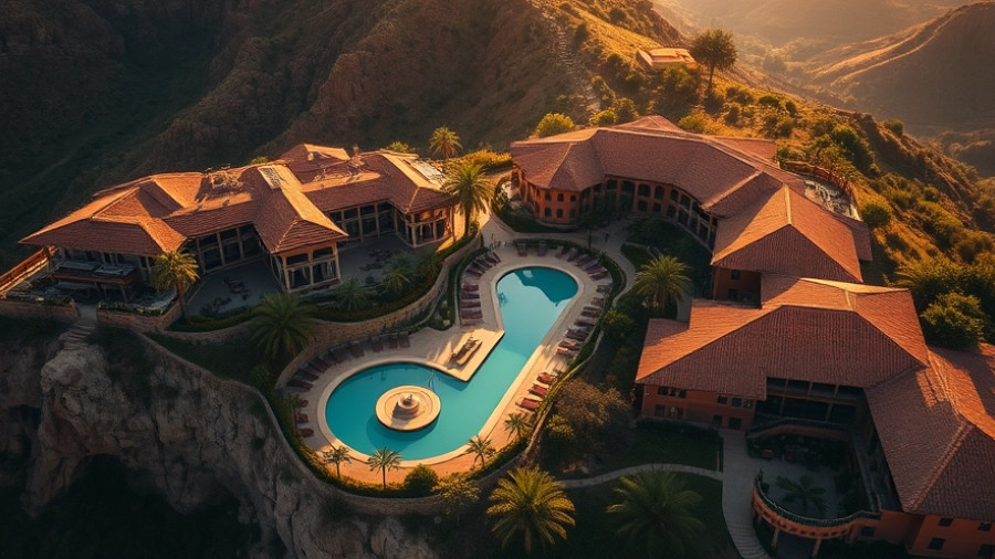 Luxurious resort with pool and terracotta roofs near hills.
