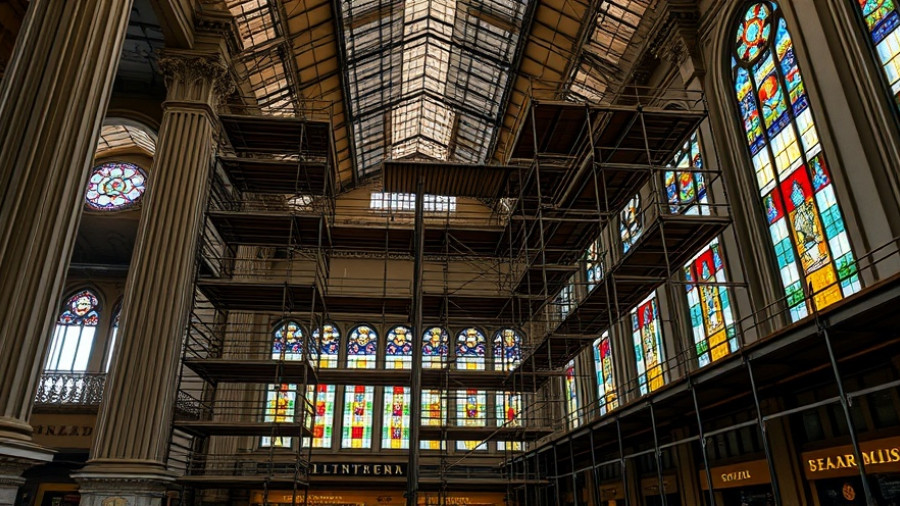 Scaffolding at 30th Street Station renovation with stained glass.