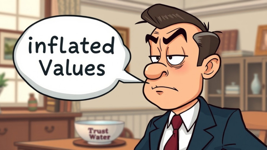 Vintage cartoon of businessman creating 'Inflated Values' bubble, RealTime Bubble Checklist concept.