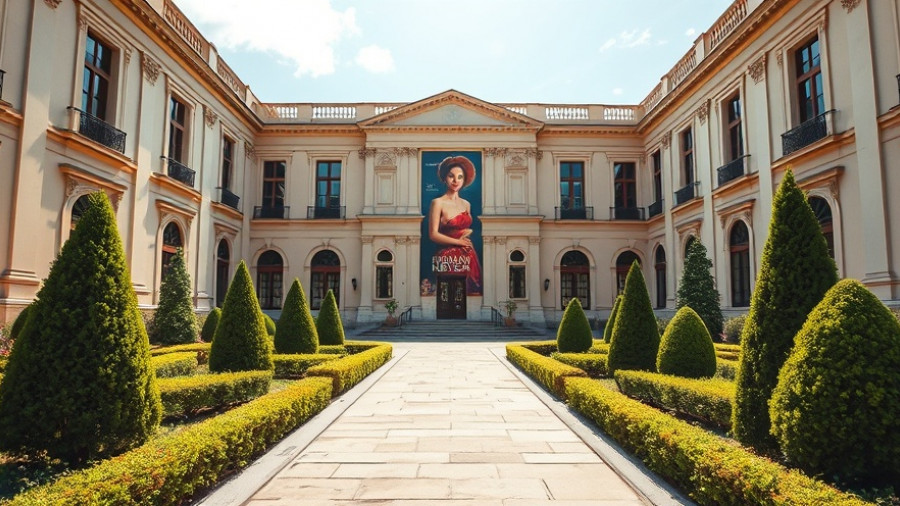 Elegant museum courtyard with a classical building and art poster.