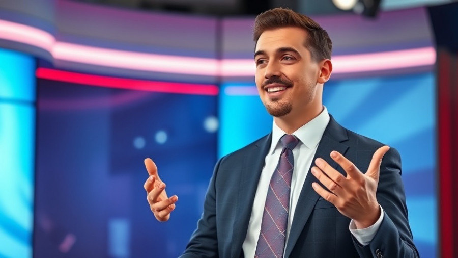 Engaged male in suit on TV set discussing Zohran Mamdani and Hamas stance.