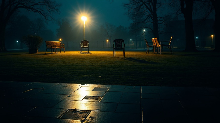 Eerie night park with chairs under streetlights, Philly AI Discussions Halloween Events.