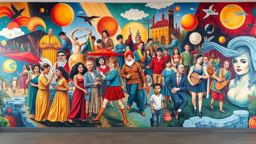 Abstract mural depicting diverse scenes with vibrant colors.