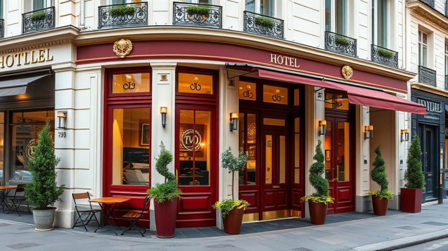 Elegant facade of a boutique hotel in Paris with burgundy doors.